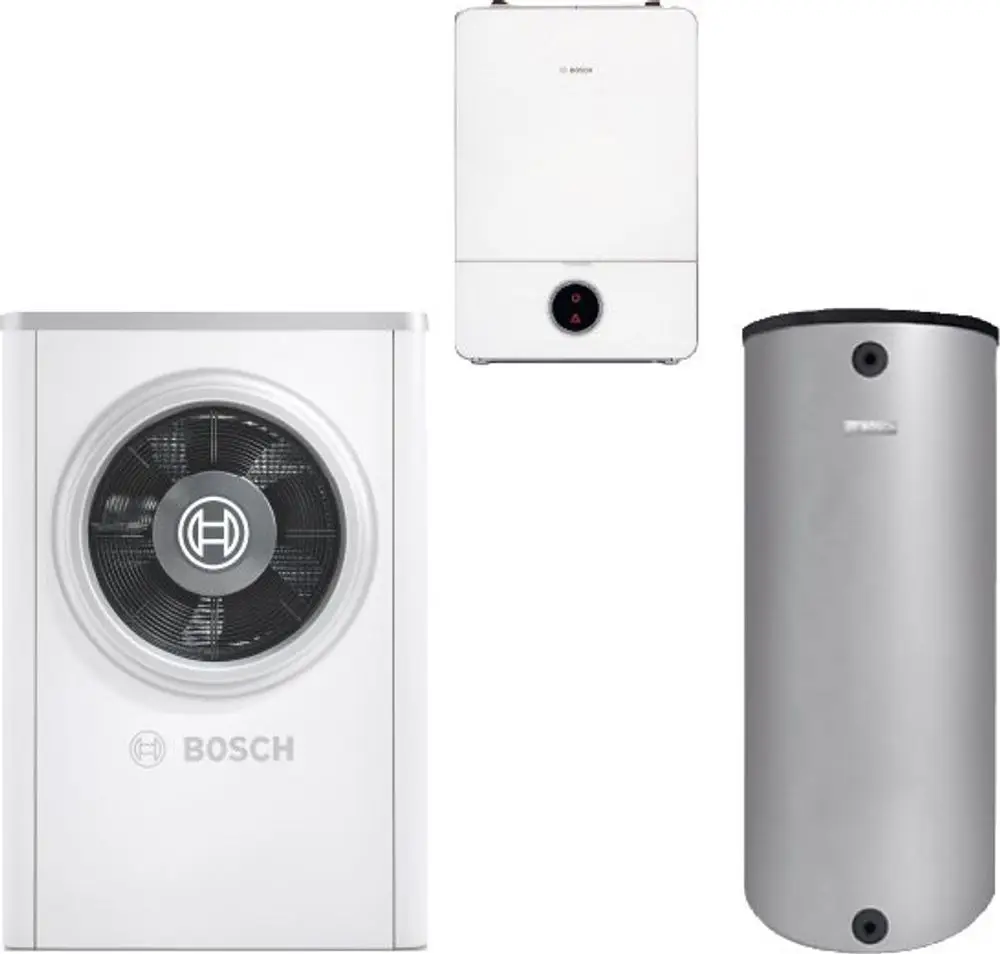 Bosch Wärmepumpen-System, bestehend aus einem Außengerät mit Ventilator, einem Wandgerät und einem silbernen Speicher. Alle Komponenten zeigen eine klare, funktionale Gestaltung.